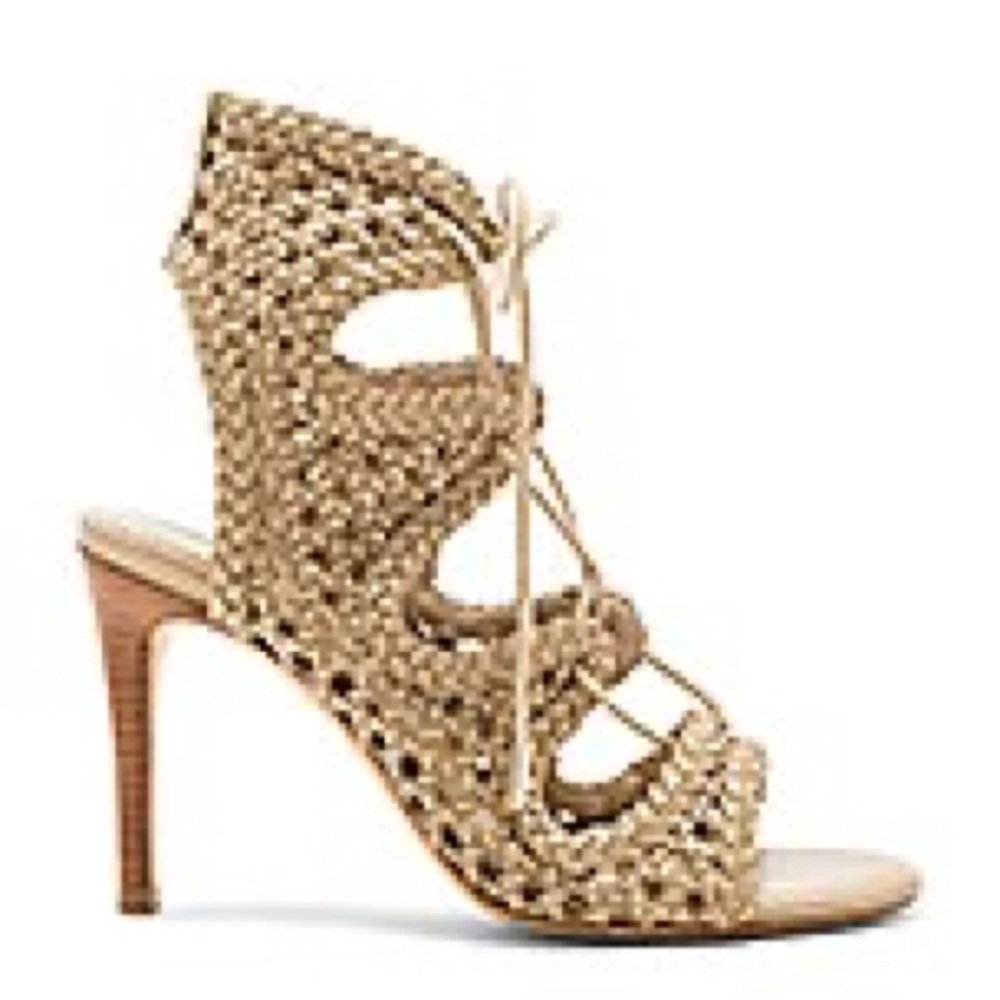 Woven leather sandal with lace-up ties.